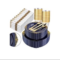 New in it’s box Nervure 350Pcs Blue Plastic Plates - Blue Gold Plastic Dinnerware Sets for 50 Guests