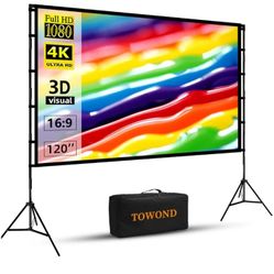Projector Screen and Stand, Towond 120 inch Portable Projector Screen Indoor Outdoor Movie Screen 16:9 4K HD Wrinkle-Free Lightweight Projection Scree