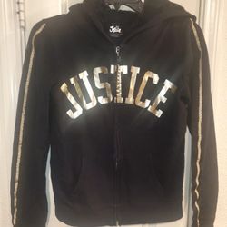 Justice 💜 hoodie/jacket full zip 
 Gold/Black  w/faux fur hood. 
youth Size 14