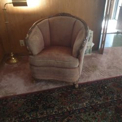 Antique, Original Fabric, Overstuffed Chair With Carved Wood Trim