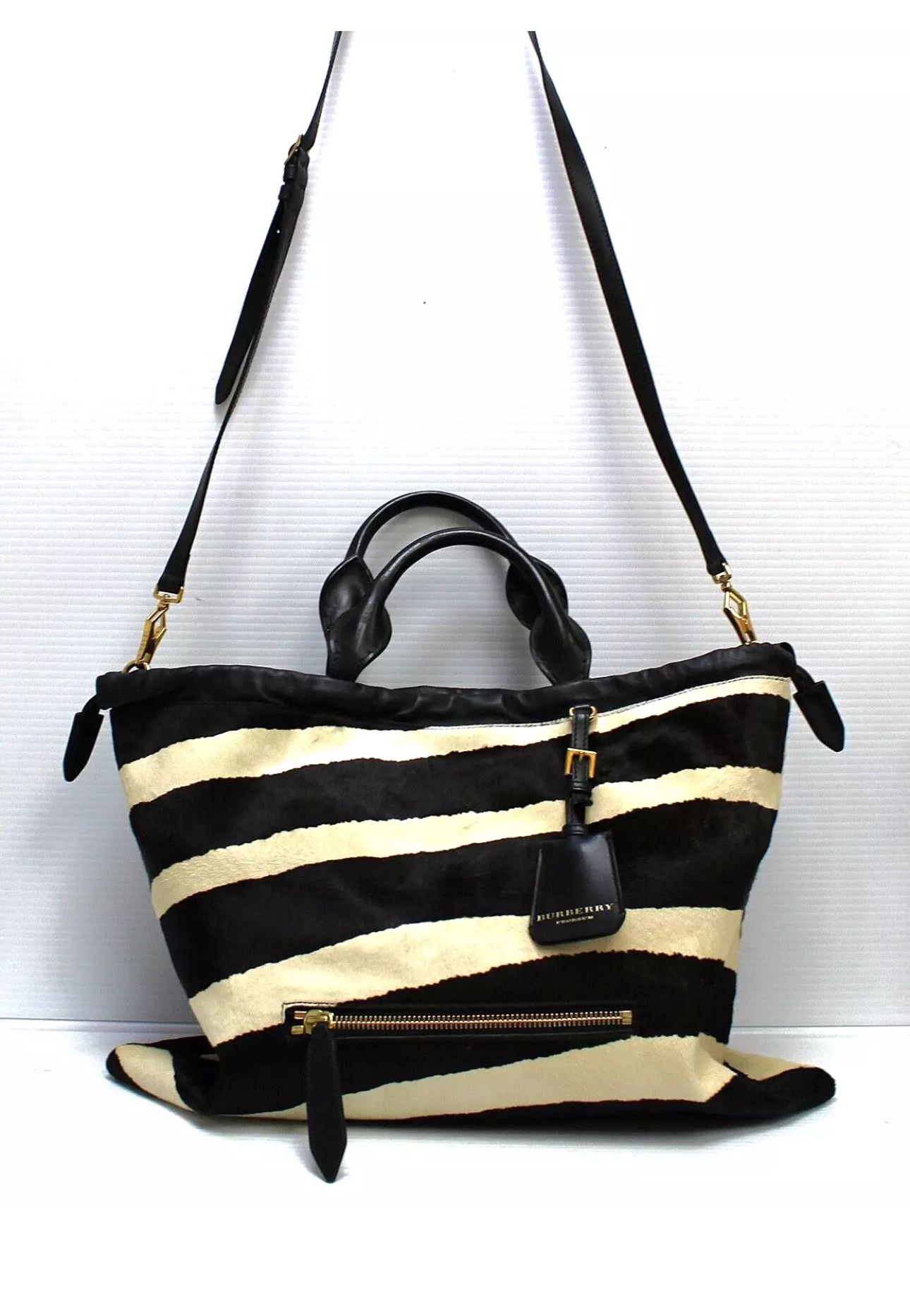 BURBERRY Prorsum Big Crush Animal Stripe Zebra Black&White Calf Hair Tote Bag