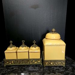 Gracious Goods Leaf Hope, Love and Faith Ceramic Jars with Ornate Metal Tray 