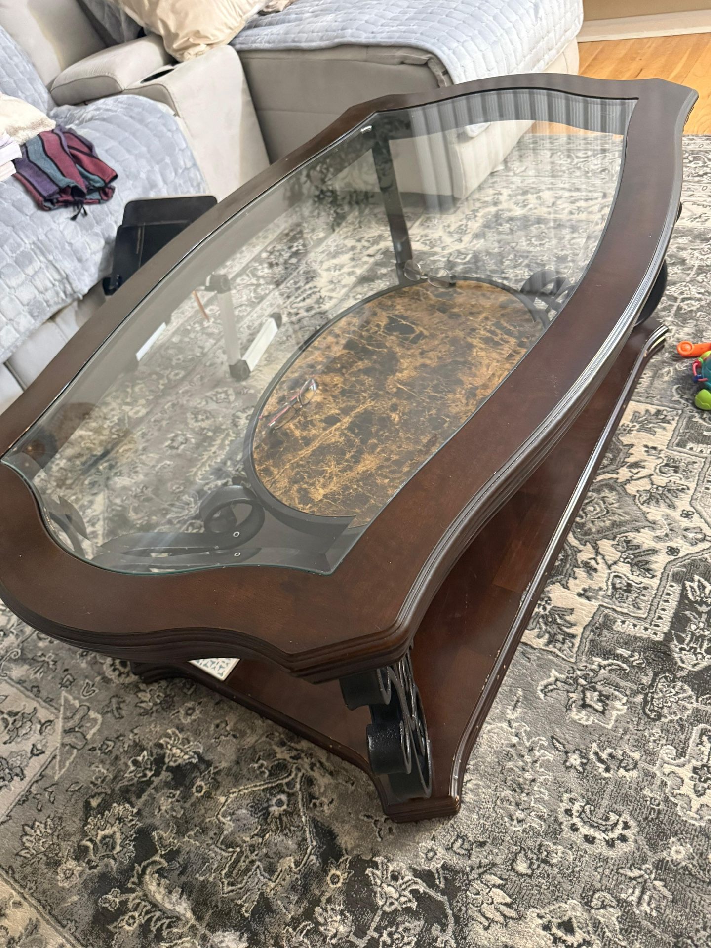 52'' Dark Brown  Wooden Coffee Table with Glass Top for Living Room