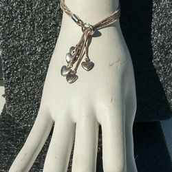 2 Piece Chain Silver Sliding Heart Hearts Charm Bracelet Marked 925