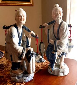 Vintage Chinese Porcelain “Fishing Couple” Figurines Blue & White with Gilt Accents, Set of 2