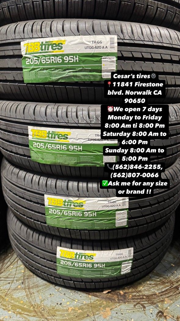 205/65R16 TBB A SET OF FOUR NEW TIRES, INCLUDES MOUNTING AND BALANCING WITH WARRANTY, ASK ME FOR ANY SIZE OR BRAND, WE HAVE THE BEST PRICES!!