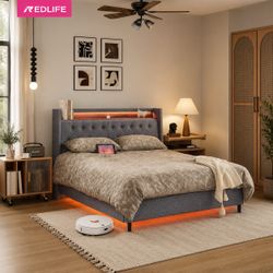 Queen size bed frame with led lights and charging outlet station
