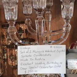 Crystal Pair Marquis Waterford Crystal Sorrento Candelabras 3 Light Candlesticks Made in Austria. Excellent wedding birthday or other special celebrat
