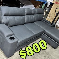 Beautiful New Sectional Sofa Bed W/ Storage Chaise & Storage Arms in Gray-Black Microfiber Only $800!!!