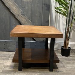 {ONE} Coffee table rustic natural end table with storage shelf - ONE CORNER HAS WEAR. Overall: 18.5” H x 22” x 22”.  Material: solid + manufactured wo