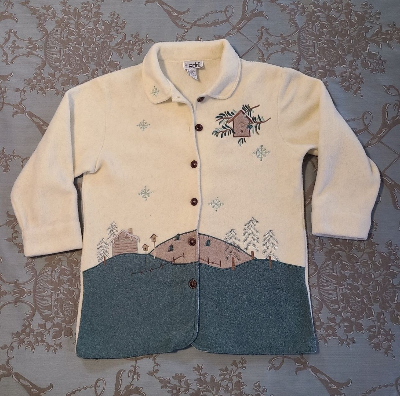 Vintage Teddi Fleece Shacket Shirt Jacket Ivory Green Brown Size Medium