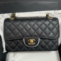 Genuine Leather Black Handbag With Gold Cc Logo 