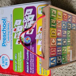 3 Preschool Boxed Puzzles ABCs, Counting, Colors Plus New Wooden ABC blocks