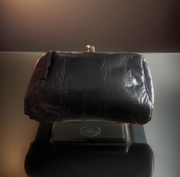 Vintage Eel Leather Rectangle Mirror Clam Shell Kiss Lock Coin & Make Up Bag