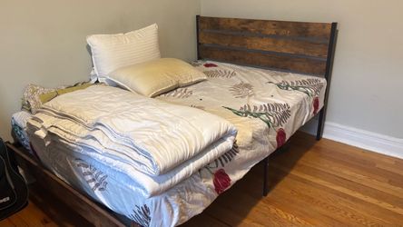 Queen Bed Frame + Mattress — Industrial Metal & Wood Headboard