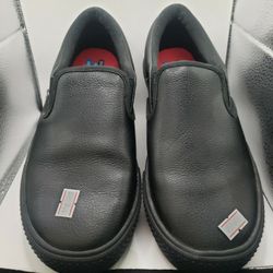 Size 7.5 pair of black leather Skechers Women's Work Gibson-Brogna slip-resistant work shoes 