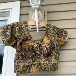 NWOT! Batik Print Green, Beige, maroon Cotton Saree Sari Blouse. Chest 34”