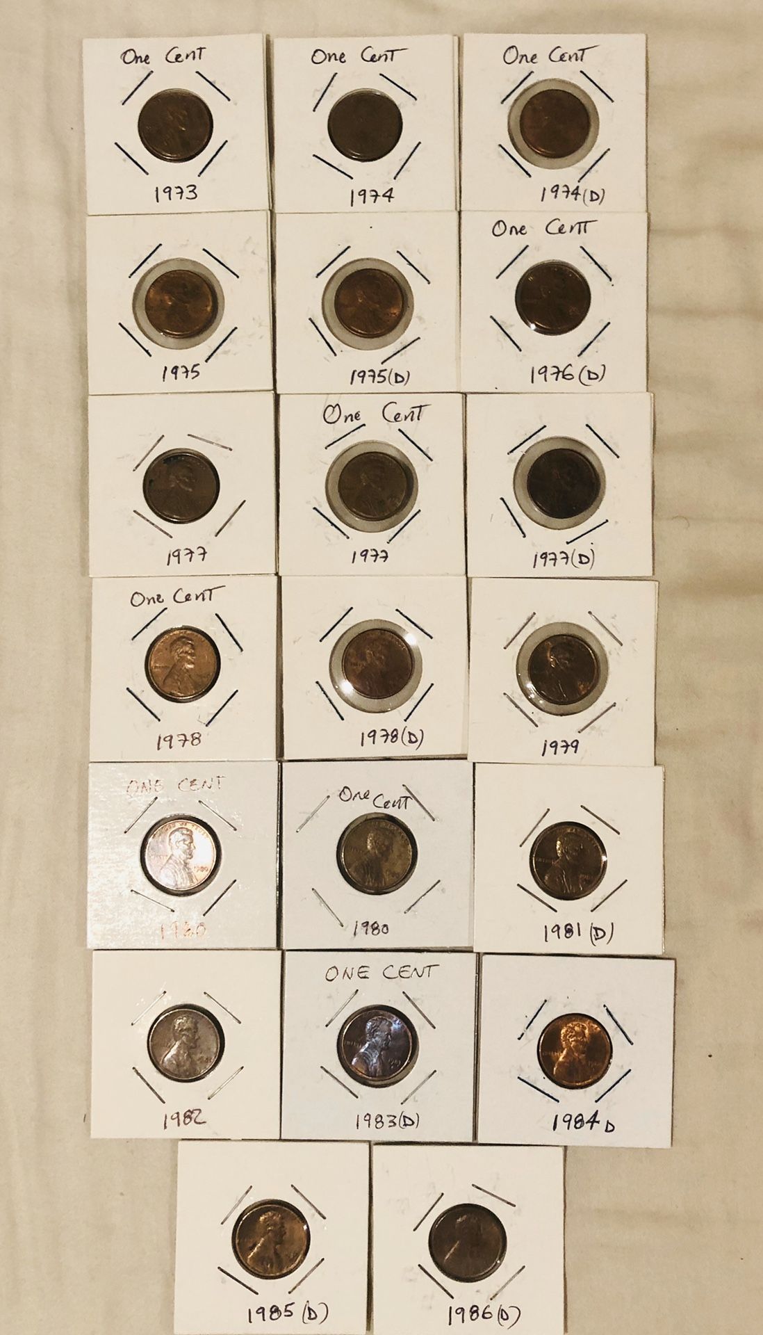 Lot 20 coins; One Cent 1973,1974,1974D,1975,1975D,1976D,1977(2),1977D,1978,1978D,1979,1980(2),1981D,1982,1983D,1984D,1985D,1986D