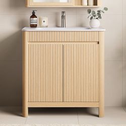 Fredson 30" Single Freestanding Bathroom Vanity with Arc-Shaped Ceramic Sink, Solid Wood Legs, Soft-Close Doors & Interior Adjustable Storage, Easy As