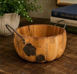 Pier 1 Rustic Wooden Pumpkin Bowl Scalloped Edge Metal Handles Harvest Fall