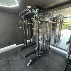 NEW Squat Rack Smith Machine Functional Trainer Cable Cross Over  Adjustable Bench Press 45lb Barbell Bumper Plates Home Gym 