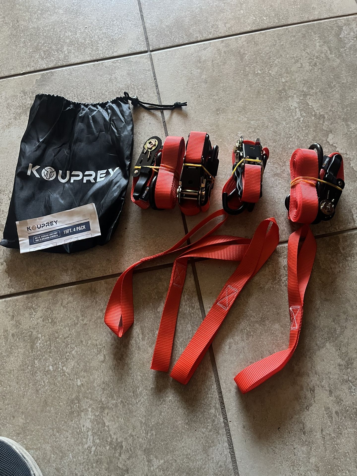 Tie Downs W Bag & Soft Straps, New, (4). 15’ Long