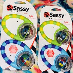 2 SETS/ 3-24 Months SASSY Brand 2 Set Of Colorful Rattles To Help Develop Motor Skills