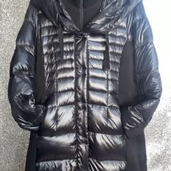 Women’s Stylish Black Tahari Hooded Bib Quilted Long Puffer Down Jacket Size M