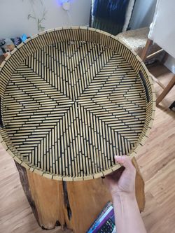 Large Round Bamboo Tray with Geometric Pattern
