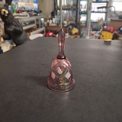 Vintage Fenton Art Glass Pink Glass Bell Signed By Artist JK Spindler, Diamond Optic Pattern W/Hand-painted Tulip Motif 4.5"H
