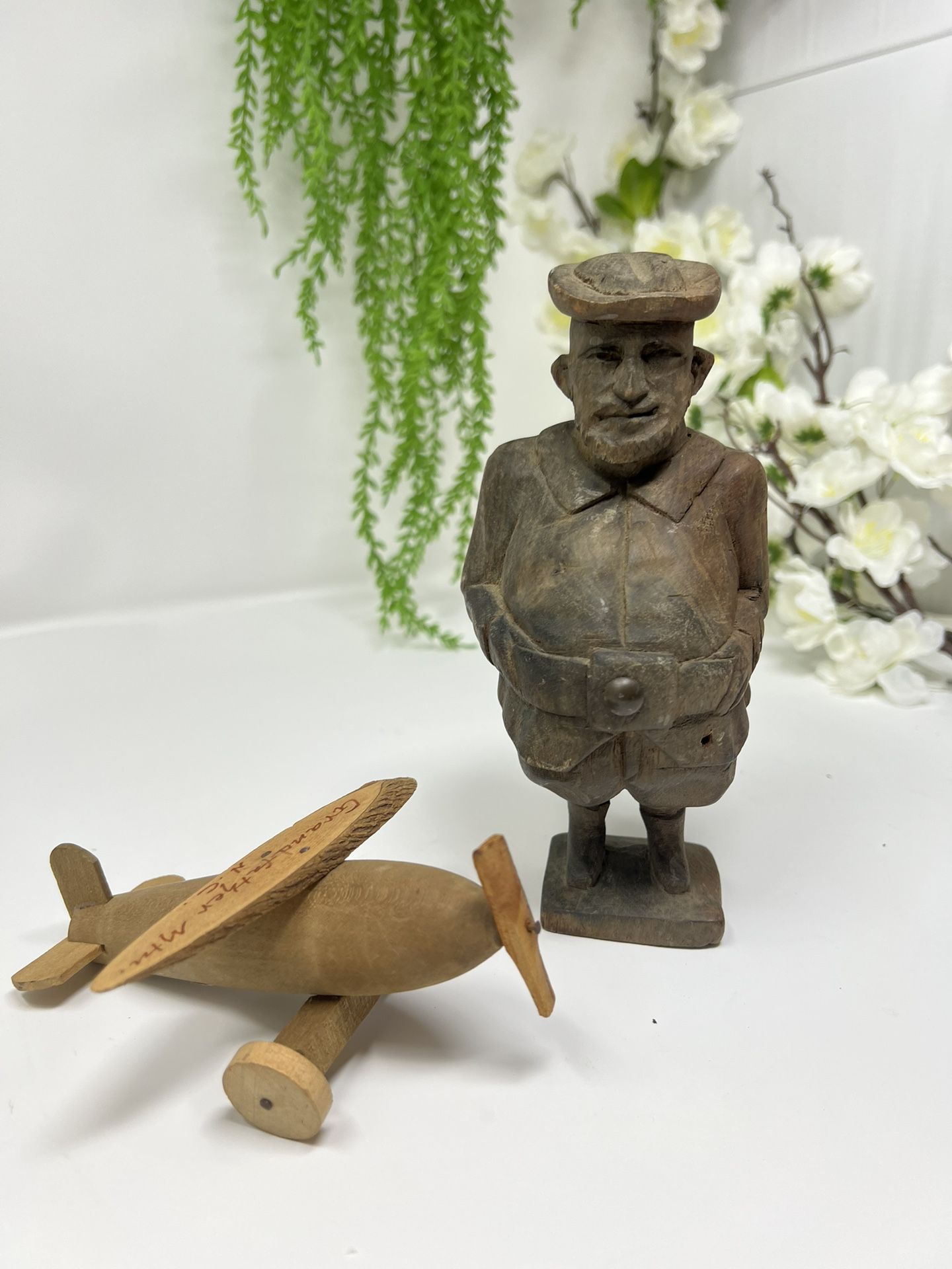 Vintage Ouro Artesania Spain Carved Wooden Figure – 7” Gentleman + Bonus Wooden Airplane
