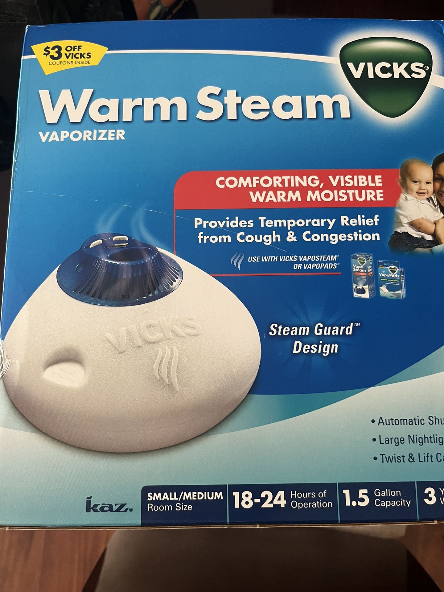 Vicks Warm Steam Vaporizer, Small to Medium Rooms, 1.5 Gallon Tank – Warm Mist Humidifier