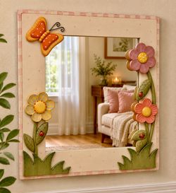 Vintage Home Interiors & Gifts wood framed kids mirror whimsical 3D garden theme.