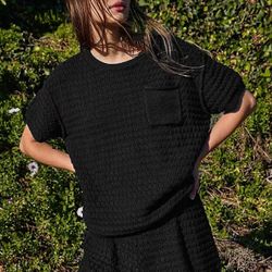 Women’s solid summer drop shoulder knit top and elastic waist shorts set. Cute