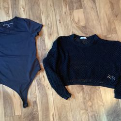 Black short-sleeve bodysuit by Aéropostale size Medium and Aeropostale Net Shirt size X-LARGE all for $10.00