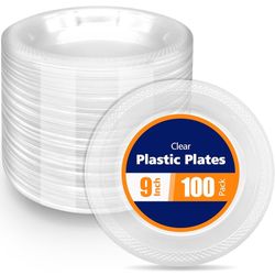 Brand New 100 Count Clear Plastic Plates 9 Inch,Washable & Reusable，Dessert Plates Disposable,Cake Plates Disposable,Clear Plates