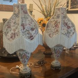 2 - Antique Lamps Purchase Atlantic  City Convention Center Antique Show)   Wirh Custom Made Matching Lamp Shades and Swarovski Crystal Finials  - In