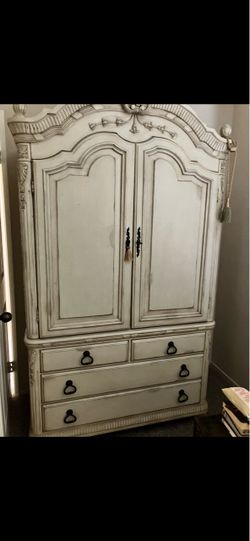 French Provincial White Armoire with Drawers