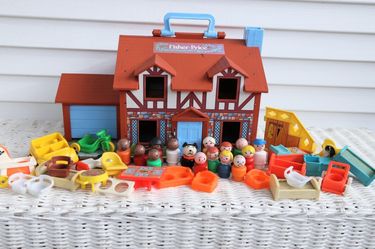 Vintage Fisher Price Little People (Circa '60's/70's) Family House Set - People, African American Family, Cars, Furniture, Nursery, Grandparents, BBQ