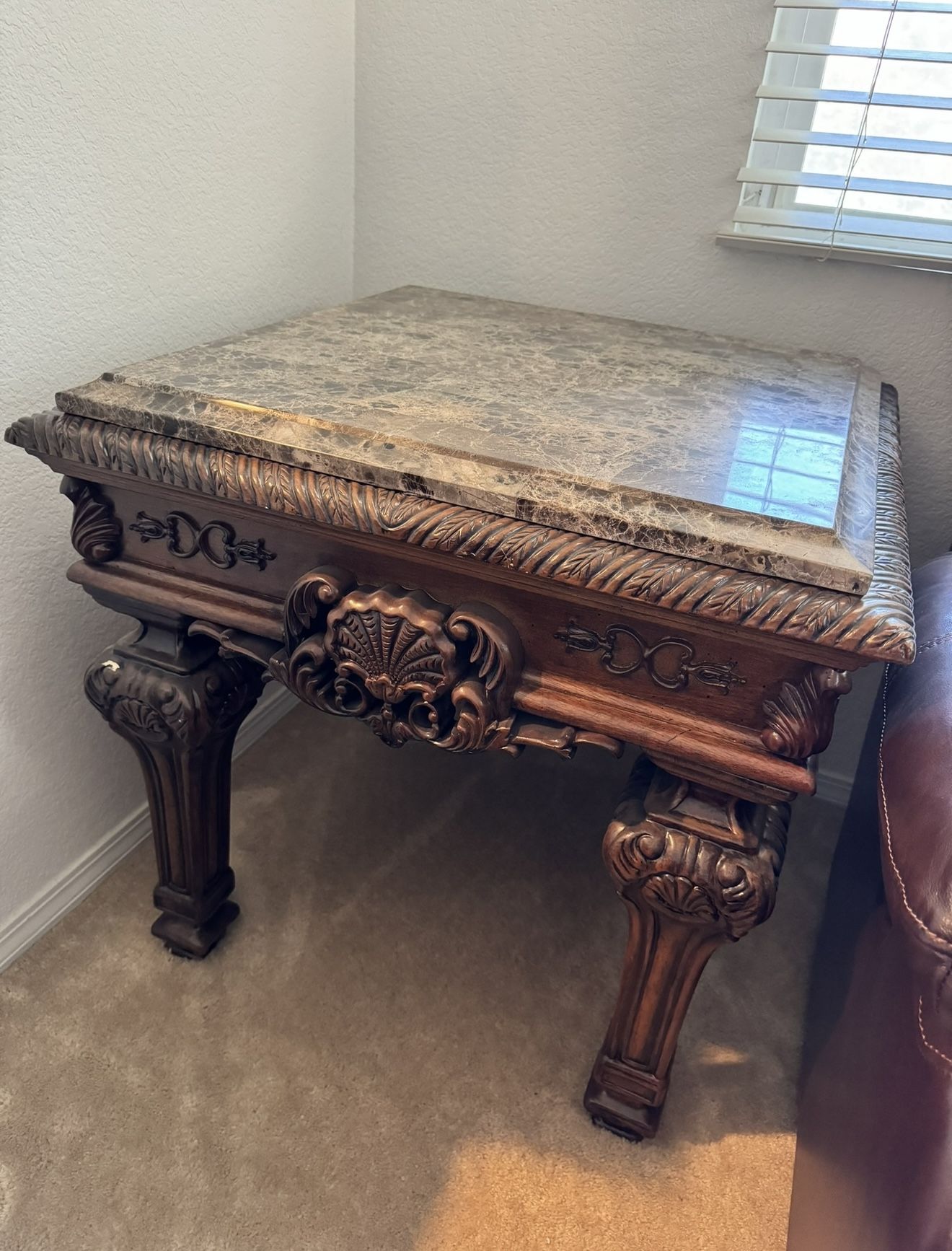 Marble Top End Table - Traditional Carved Wood Design
