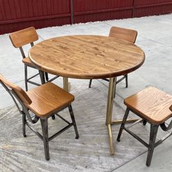 MCM Round Wood Table 4 Chairs Set Dinner Table Set