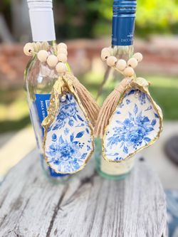 Handmade oyster shell ornaments – blue and white flowers/host hostess gift
