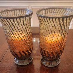 Vintage Glass Votive or Tealight Mosaic Candle Holder Set of 2 Amber Brown Yellow