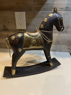 Vintage Wooden Trojan Rocking Horse Decorated With Brass And Bronze