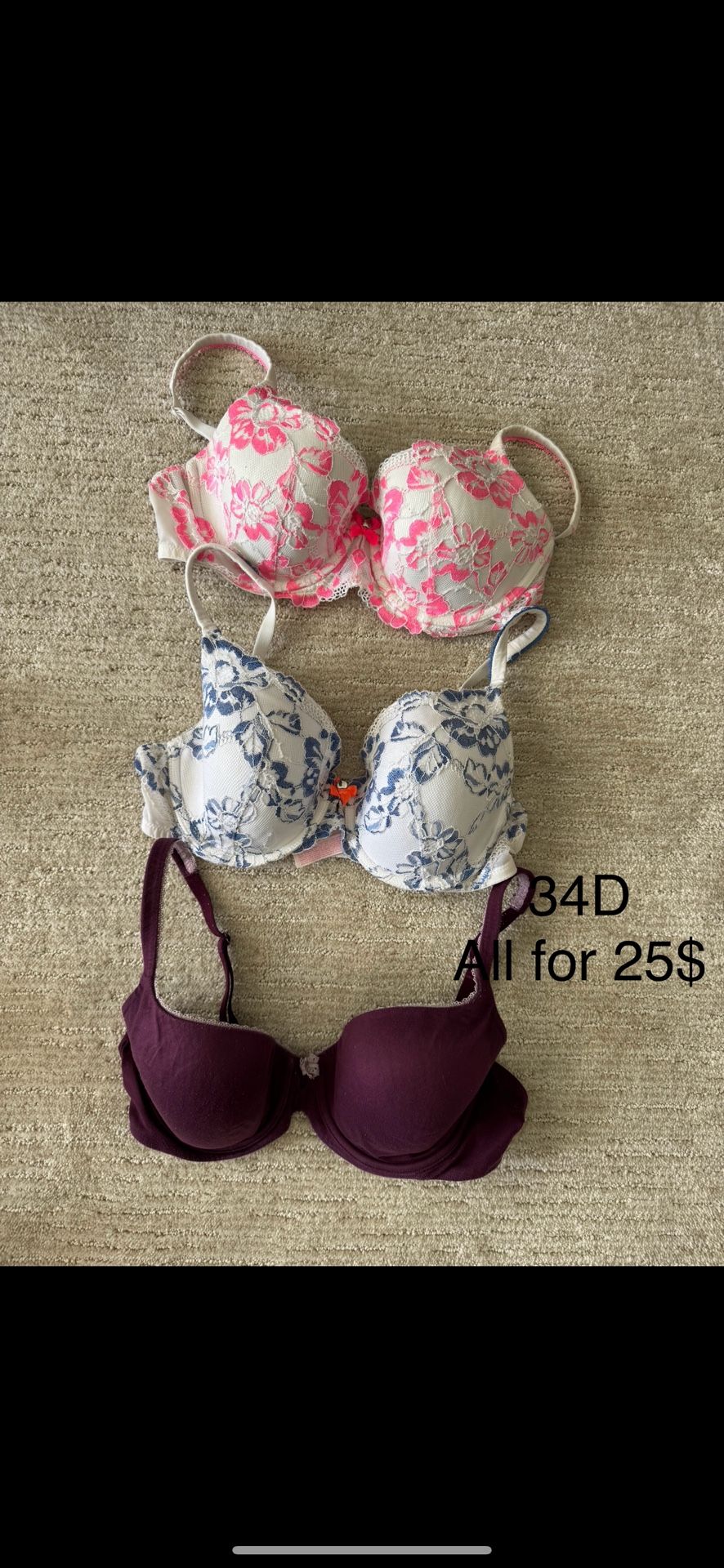 Victoria Secret Padded Non Push Up Bras 34D ( All 3 For 25$)