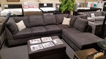 Brand new 112" x 85" gray plush microfiber reversible sectional + ottoman