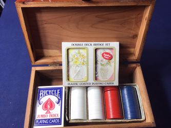 VTG LOT OF PLAYING CARDS & GAME CHIPS AND NICE WOOD BOX