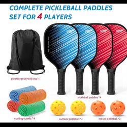 Pickleball Paddles Set of 4, Pickleball Set of 4 Premium Wood Pickleball Rackets, 4 Pickle Balls, 4 Cooling Towels and 1 Carry Bag