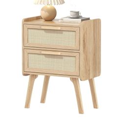 Boho Nightstand with 2 Drawers, Cane Accent Side End Table, Bedside Table Natural