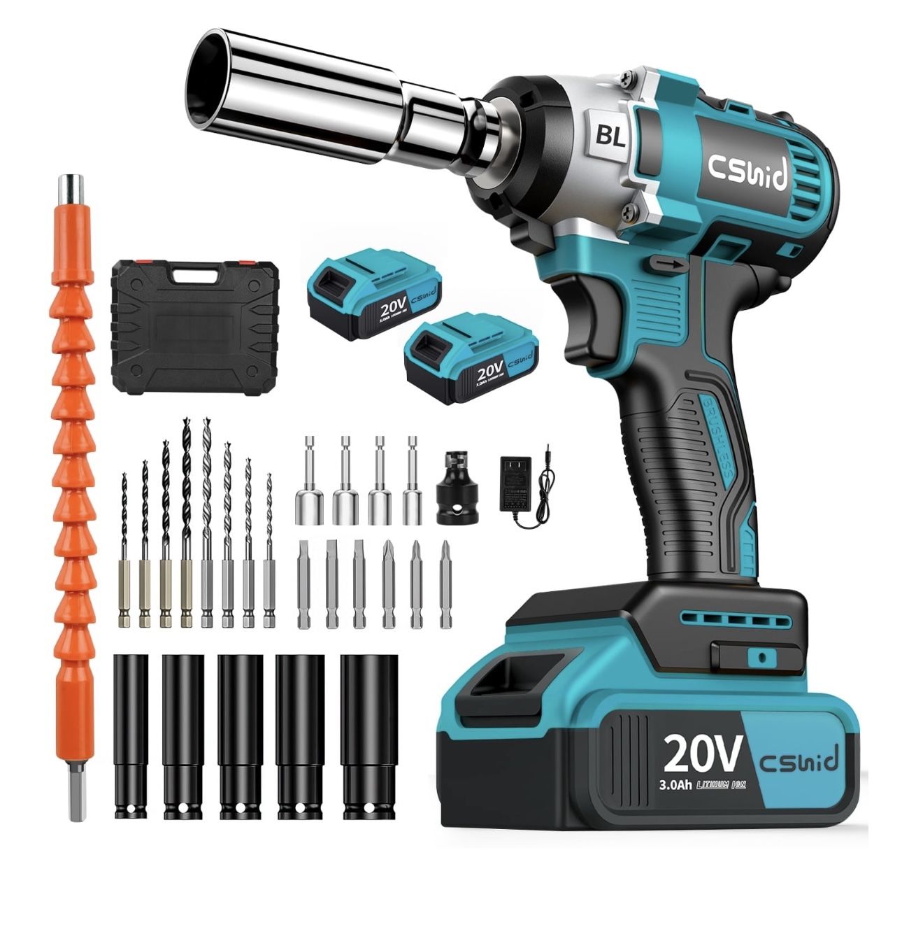 Cordless Impact Wrench 1/2", 20V Powerful Brushless Motor w/ 2-Mode Speed, Power Impact Wrench W/ 5 Sockets,8 Drill,6 Screws, Max Torque 280 ft-lbs (3